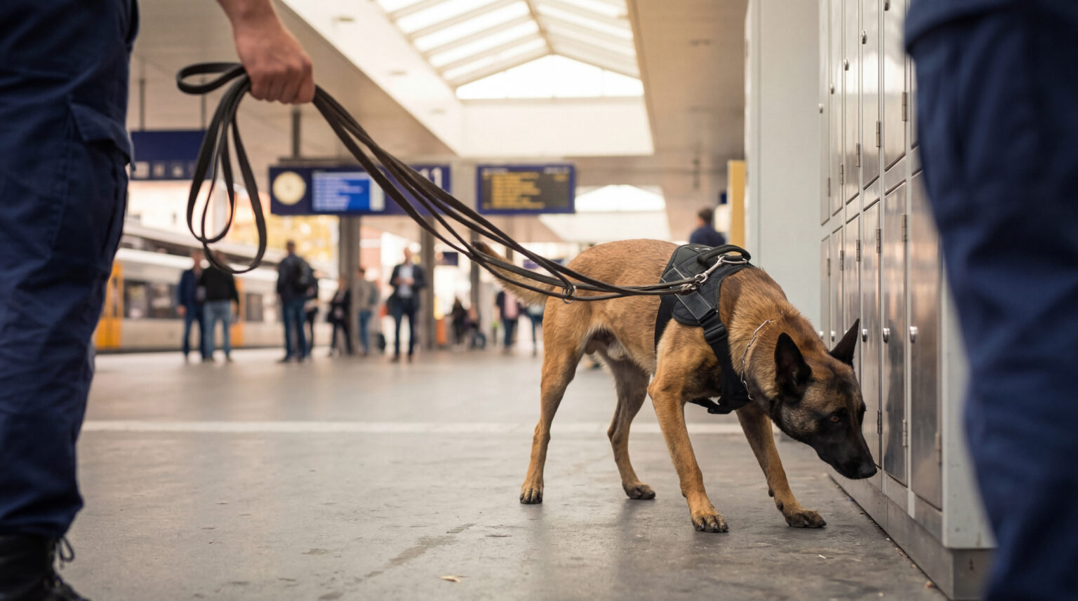 Professional K9 dog actively searching for contraband with its handler at a busy public transportation station.